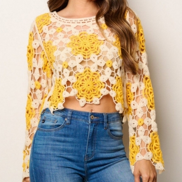 Yellow French Crochet Hollow Top - Picture 4 of 10